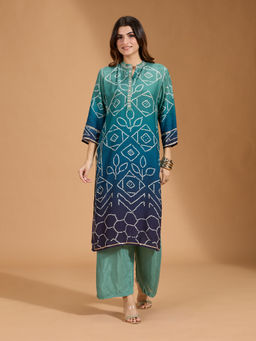 Gahan - Rayon Embellished Placket with Bandhani Printed Ombre Effect Teal Kurta