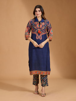 Gahan - Cotton Floral & Paisley Printed with Sequinned Navy Blue Kurta & Pant (Set of 2)