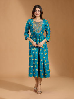 Gahan - Rayon Yoke Embroidered & Sequinned with Bandhani Printed Teal Anarkali Dress