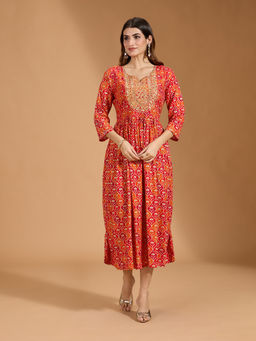 Gahan - Rayon Yoke Embellished/ Sequinned with Floral Printed Red Anarkali Dress
