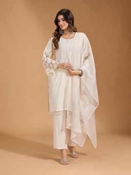 Gahan - Blended Silk Lace Work with Bead Embellished Cream Kurta Pant & Dupatta (Set of 3)