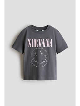 H&M - Girls Grey Print-Motif Cotton T-Shirt