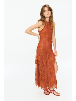 H&M - Women Orange Ruffled Crochet-Look Dress