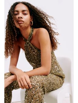 H&M - Women Green Sequined Net Halterneck Top