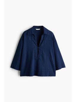 H&M - Women Blue Linen-Blend Popover Shirt