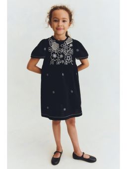 H&M - Girls Black Embroidery-Detail Cotton Dress