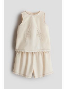 H&M - Girls Beige 2-Piece Embroidery-Detail Cotton Set