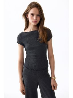 H&M - Women Grey Crinkled Boat-Neck Top