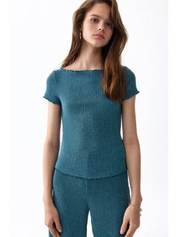 H&M - Women Turquoise Crinkled Boat-Neck Top