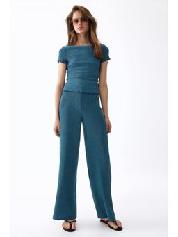 H&M - Women Turquoise Crinkled Jersey Trousers