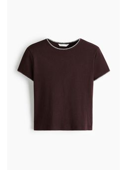 H&M - Women Brown Stitching-Detail Ribbed T-Shirt