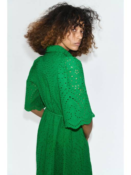 Buy H&M Women Green Broderie-Anglaise Cotton Shirt Dress (XXS) Online