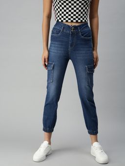 SHOWOFFFF - Women Ankle High Waist Blue Solid Joggers