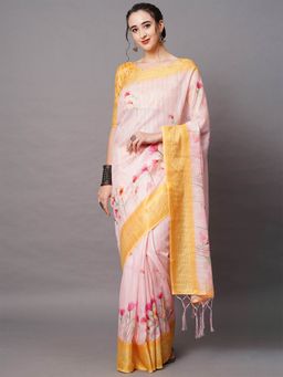 Odette - Peach Festive Linen Blend Printed Saree with Unstitched Blouse