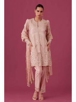 MEDHA BATRA - Embroidered Organza Kurta with Pin Tucks Pant & Organza Dupatta Pink (Set of 3)