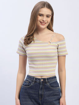 Madame - Striped Green Cold Shoulder Crop Top