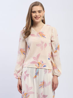 Madame - Floral Print Off-White V-Neck Top