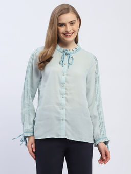Madame - Tie-Up Neck Blue Solid Shirt