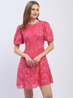 Madame - Puff Sleeve Pink Lace A-Line Dress