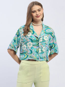 Madame - Graphic Print Dark Green Half Sleeve Shirt