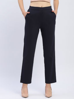 Madame - Solid Navy Blue Straight Fit Trousers