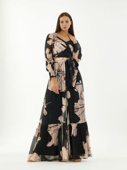 KoAi - Black and Pink Floral Wrap Jumpsuit