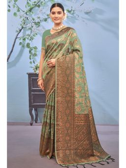 Sangam Prints - Sea Green Cotton Woven Zari Work Traditional Tassel Saree with Unstitched Blouse