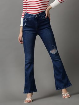 SHOWOFFFF - Women's Mildly Distressed Bootcut Navy Blue Denim Jeans