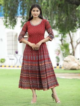 Juniper - Rust Georgette Festive Printed Flared Anarkali Kurta For Women