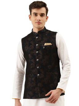 Manyavar - Black Rayon Blend Traditional Self Design Waistcoat