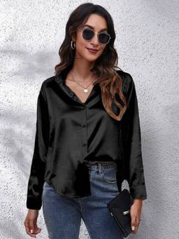 Oh Rare - Black Satin Shirt Women's Satin Imitation Silk Long Sleeved Shirt