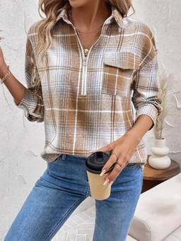 Oh Rare - Khaki Women Plaid Pocket Pullover Half Open Zipper Shirt
