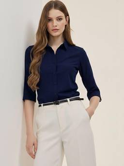 Oh Rare - Navy Blue Women Solid Casual Shirt