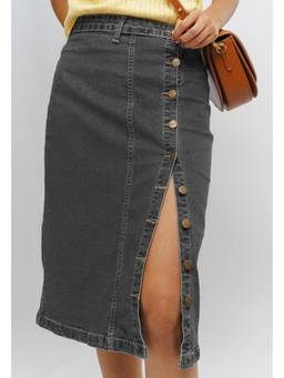 Tripursundari Fashion - Washed Black Denim Straight Midi Skirt With Side Buttons