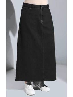 Tripursundari Fashion - Z Black A Line Denim Elegant Maxi Skirt With Zip Closure