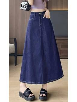 Tripursundari Fashion - Navy Blue A Line Denim Maxi Skirt With Button And Zip
