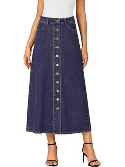 Tripursundari Fashion - Navy Blue A Line Denim Midi Skirt With Button Closure