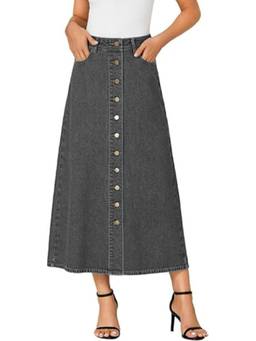 Tripursundari Fashion - Washed Black A Line Denim Midi Skirt With Button Closure