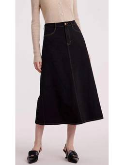 Tripursundari Fashion - Z Black A Line Denim Midi Skirt With Zip Closure