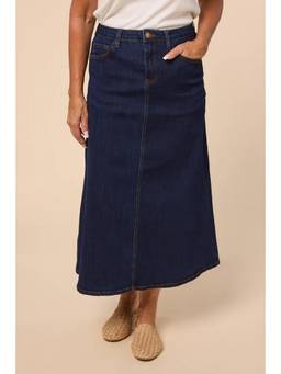 Tripursundari Fashion - Navy Blue A Line Denim Maxi Skirt With Button And Zip