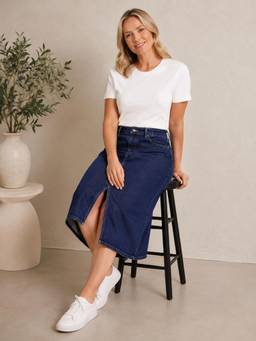 Tripursundari Fashion - Navy Blue Midi Denim Button And Zip Closure