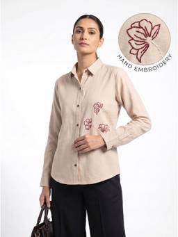 ZNKL - Beige Women Cotton Embroidered Collar Neck Regular Fit Shirt