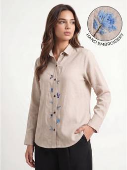 ZNKL - Beige Women Cotton Embroidered Collar Neck Regular Fit Shirt