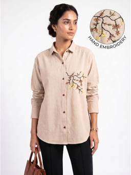 ZNKL - Beige Women Cotton Embroidered Collar Neck Regular Fit Shirt