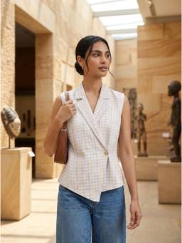 ZNKL - Off White Women Cotton Checks Notched Lapel Regular Fit Top