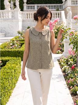 ZNKL - Olive Women Cotton Self Design Collar Neck Regular Fit Top