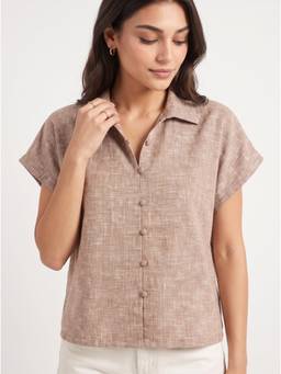 ZNKL - Brown Women Cotton Self Design Collar Neck Regular Fit Top