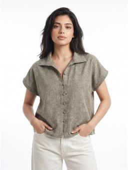 ZNKL - Olive Women Cotton Self Design Collar Neck Regular Fit Top