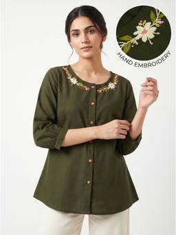 ZNKL - Olive Women Cotton Embroidered Round Neck A Line Fit Top