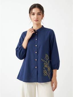 ZNKL - Navy Blue Women Cotton Embroidered Mandarin Neck A Line Fit Shirt